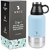 WRTZ Stainless Steel Insulated Water Bottle with 2 Removable Water Bowls for Dogs – Leak-Proof Portable Dog Water Bottle - Travel Accessories for Dogs - 32oz - Blue