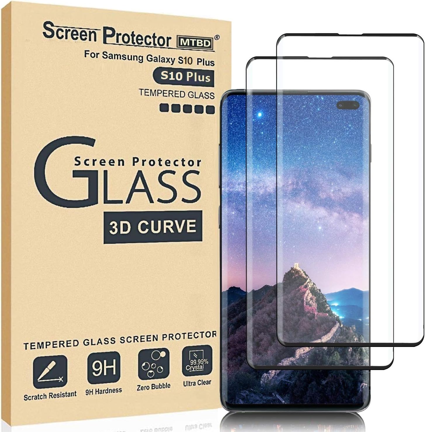 MTBD Galaxy S10 Plus Screen Protector,Full Coverage Tempered Glass[2 Pack][High Definition][Designed for Ultrasonic Fingerprint] Tempered Glass Screen Protector Suitable for Galaxy S10 Plus