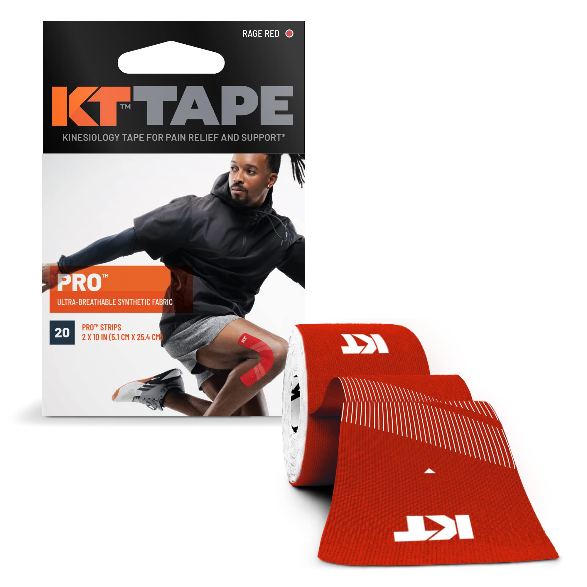 KT Tape Unisex Pro 20 Strip Synthetic Precut Kinesiology Tape, Rage Red, 25.4 cm UK