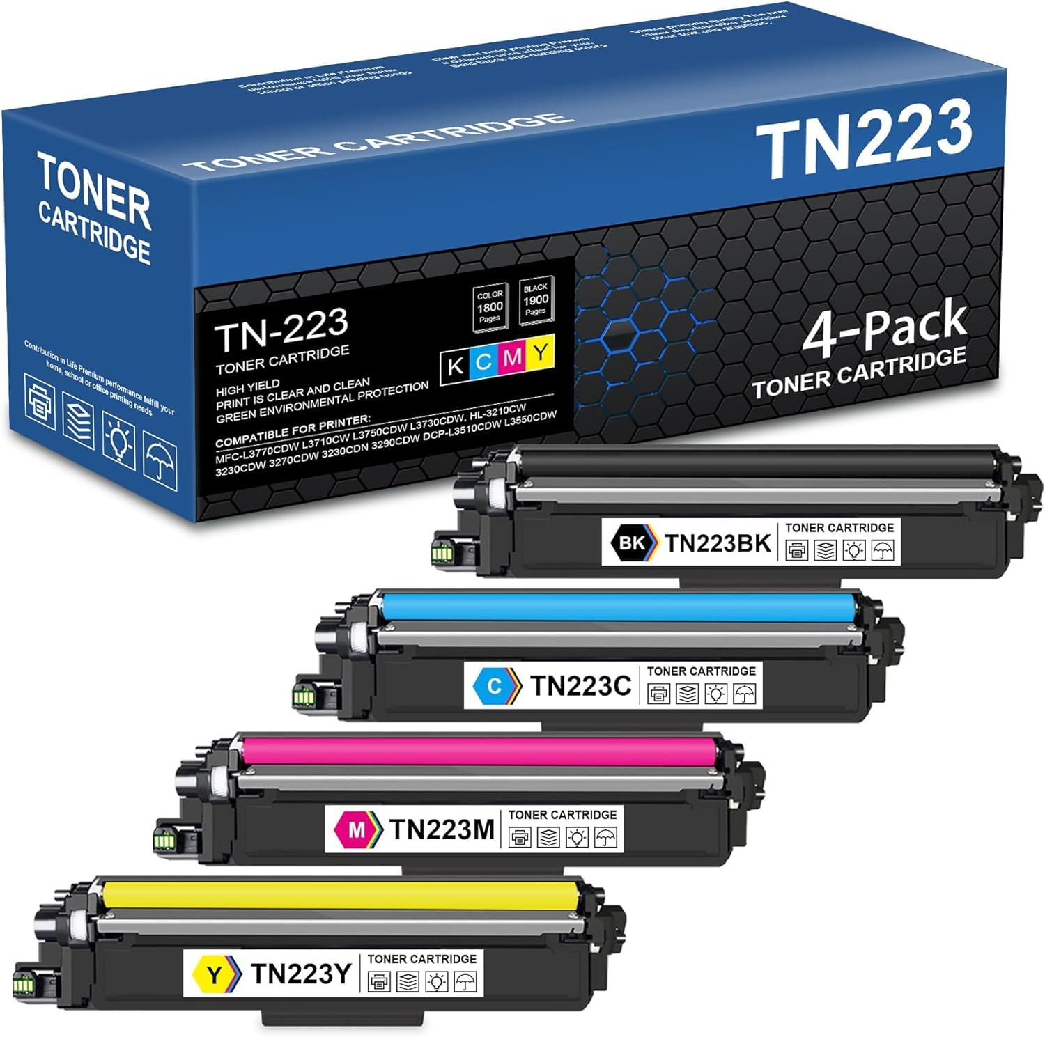 Photo 1 of TN223 TN-223BK/C/M/Y Toner Cartridges 4 Pack Replacement for Brother TN-223 TN223BK/C/M/Y Toner HL-L3290CDW MFC-L3750CDW Printer Toner, TN2234PK (TN223BK, TN223C, TN223M, TN223Y)