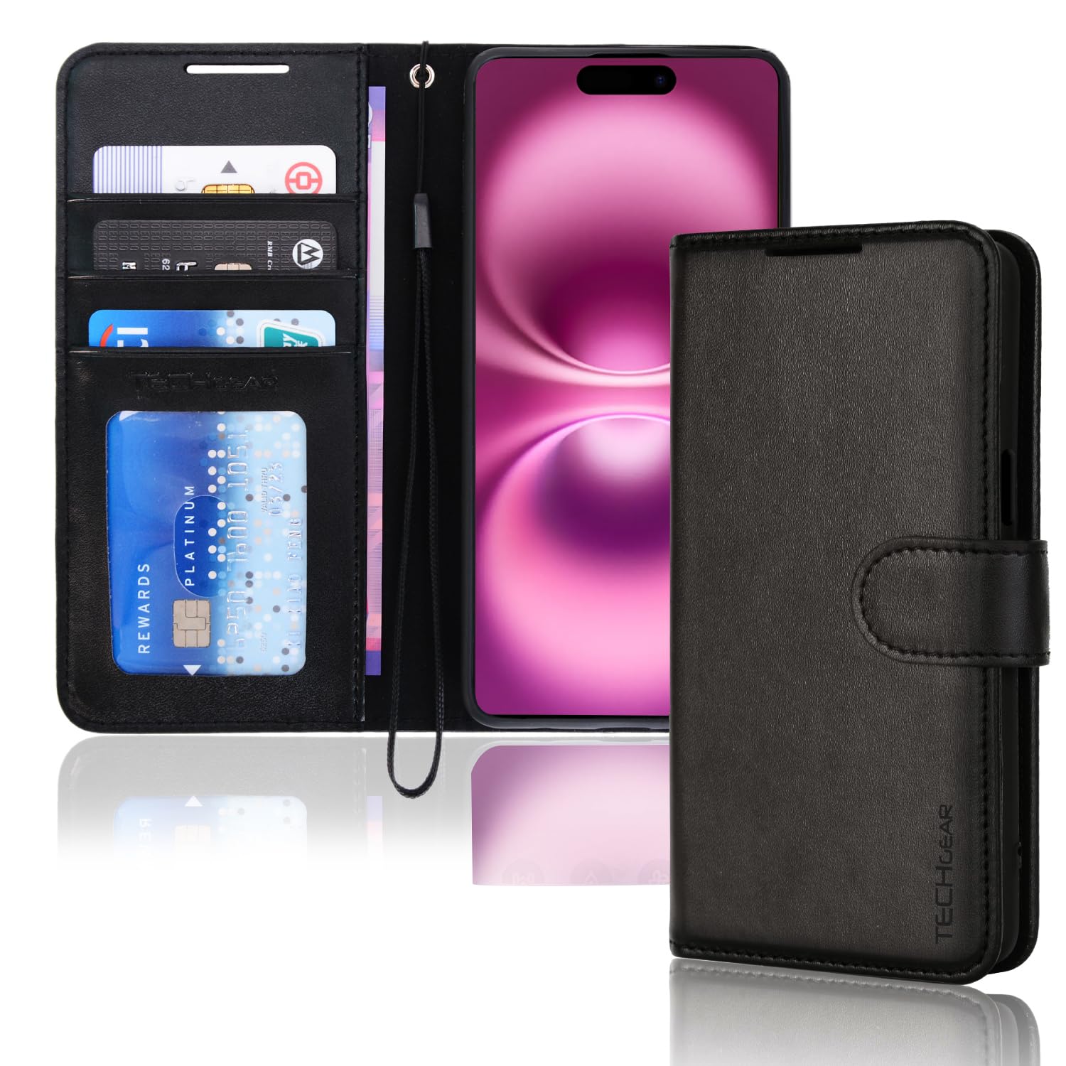 TECHGEAR iPhone 16 Plus Leather Wallet Case, Protective Flip Case Cover [RFID BLOCKING] Wallet Card Holder, Stand & Wrist Strap - Black PU Leather with Magnetic Closure for iPhone 16 Plus 6.7"