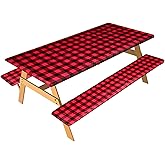 BBTO Vinyl Picnic Table Cover with Bench Covers 72 x 30 Inch Waterproof Outdoor Elastic Tablecloth for 6 ft Rectangle Tables Flannel Backed Washable Buffalo Plaid Tablecloth for Valentine's Day