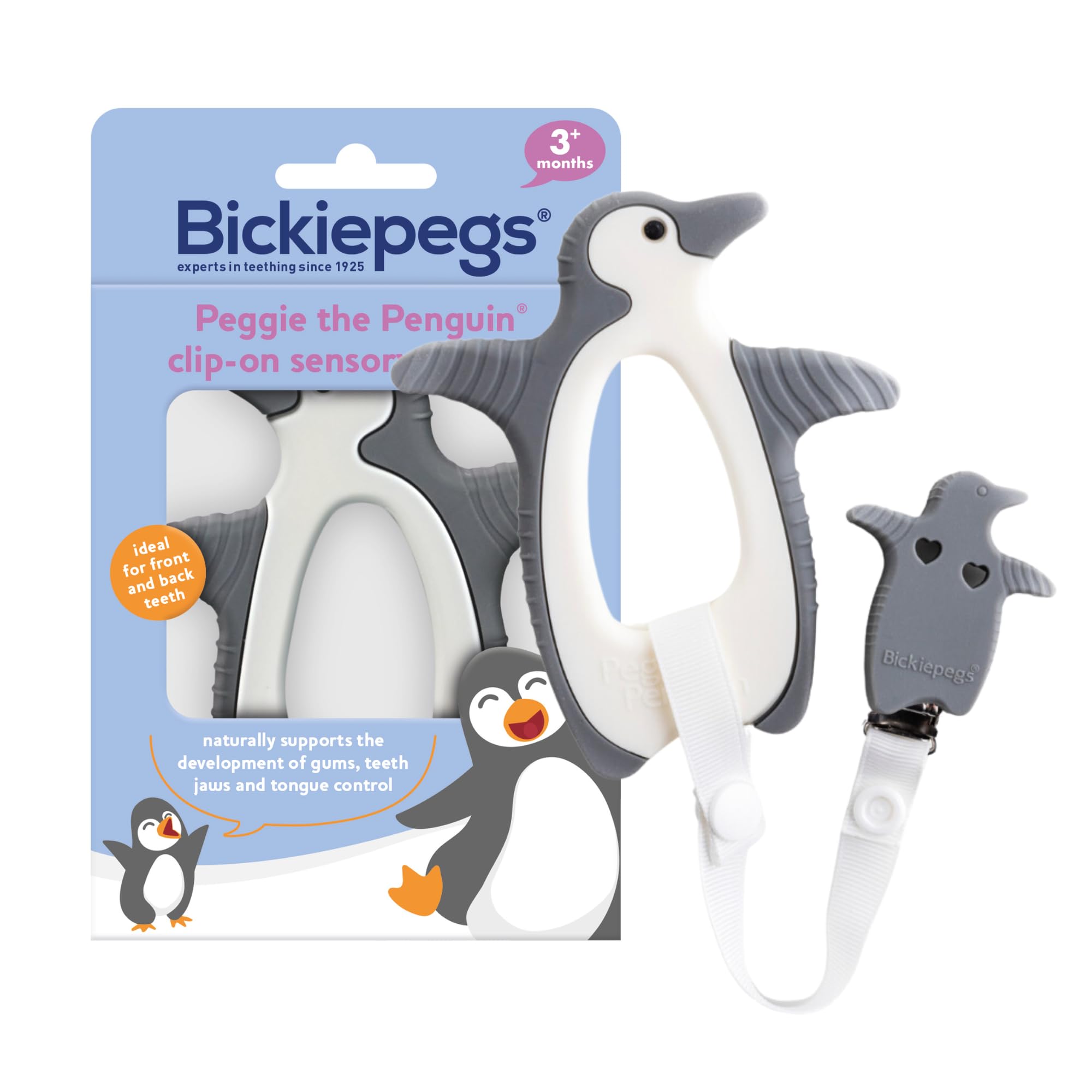 Bickiepegs Peggie the Penguin Silicone Teether 3–12 Months – Clip-On Teething Soother for Sore Gums, Chewy Teething Aid, Fridge-Safe & BPA-Free
