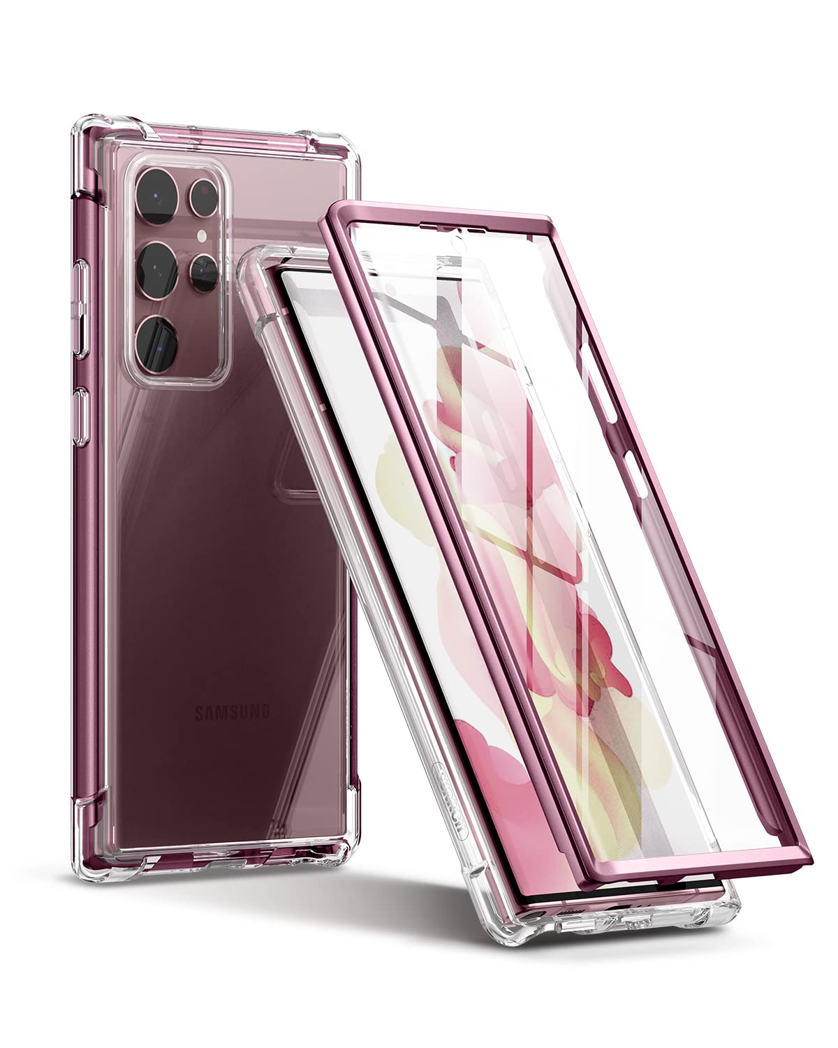 Photo 1 of SURITCH for Samsung Galaxy S22 Ultra Clear Case 6.8" (Only), [Built-in Screen Protector] Full Body Protective Hard Shell+Soft TPU Phone Case for Samsung S22 Ultra -(Dark Magenta Edge)