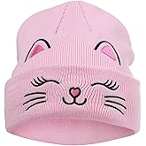 LUCKYBUNNY Kids Girls Cat Embroidery Beanies Winter Warm Knitted Hats Skull Cap for Ages 7-12 Years