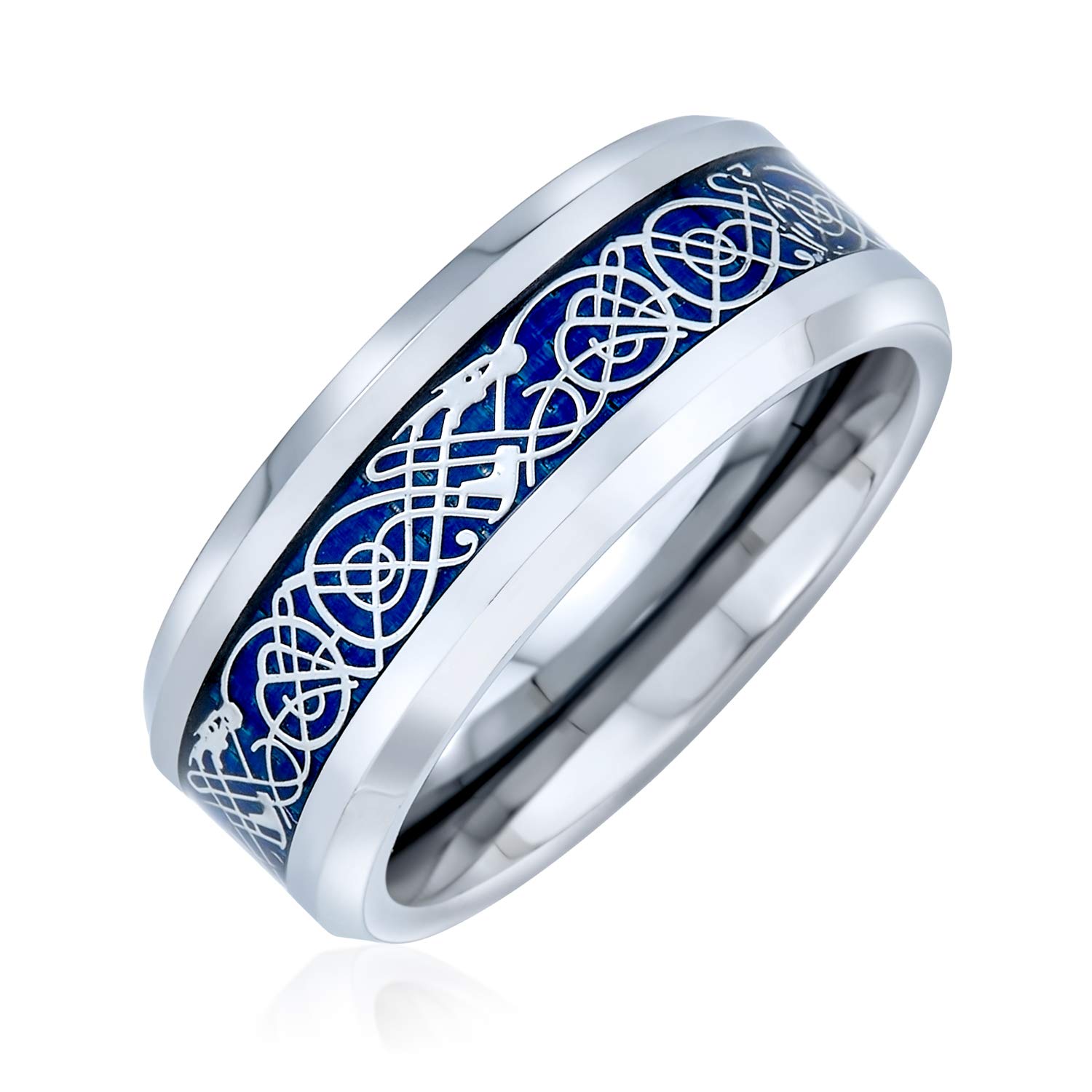 Bling Jewelry Blue Silver Tone Celtic Knot Dragon Inlay Couples Titanium Wedding Band Rings For Men For Women Comfort Fit 8MM