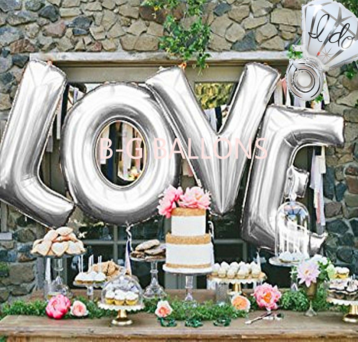 Love (40 INCH) and"I Do" Diamond Ring (27 INCH) Extra Large Balloon Set, Independence Day, Romantic Wedding, Bridal Shower, Anniversary, Engagement Party, Vow Renewal (Silver) H007S