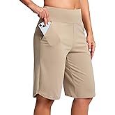 SANTINY 12" Long Bermuda Shorts for Women Knee Length with Pockets High Waisted Stretch Shorts for Summer Walking