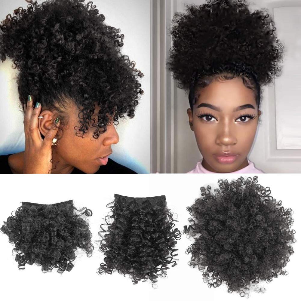 Afro Puff Drawstring Ponytail with Bangs Pineapple Updo Hair for African American Women,Short Kinky Curly Ponytail Bun with 2 Replaceable Bangs(#1B-Black)