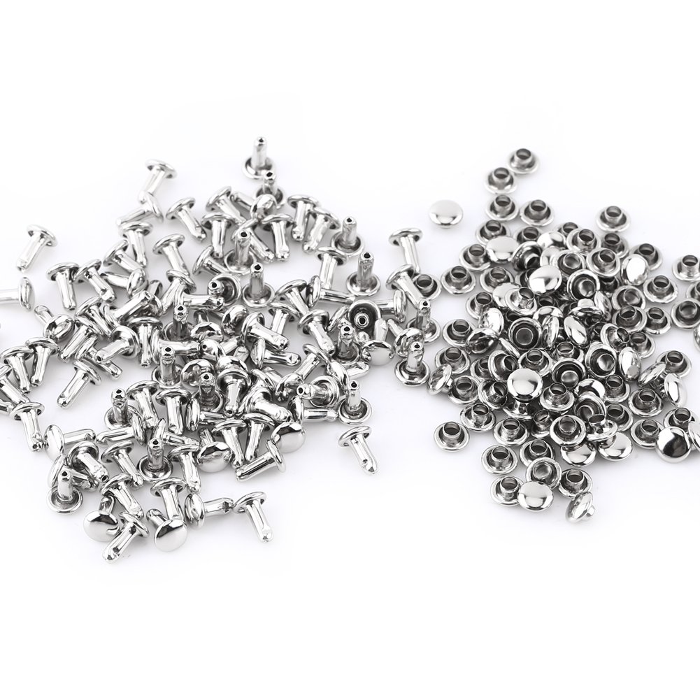 Walfront Double Cap Rivet Set for Leather DIY Repairs and Decorations - 100 Piece Tubular Metal Studs Kit (6x8mm Silver)