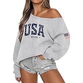 Lacozy USA Sweatshirt for Women Oversized Off the Shoulder Sweater Fleece Lined Long Sleeve Hoodie 4th of July Outfits