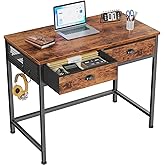 Furologee Small Computer Desk with 2 Fabric Drawers for Bedroom,34 Inch Home Office Writing Desk, Vanity Desk with Hooks, Simple Study Desk for Small Spaces, Makeup Dressing Table, Rustic Brown