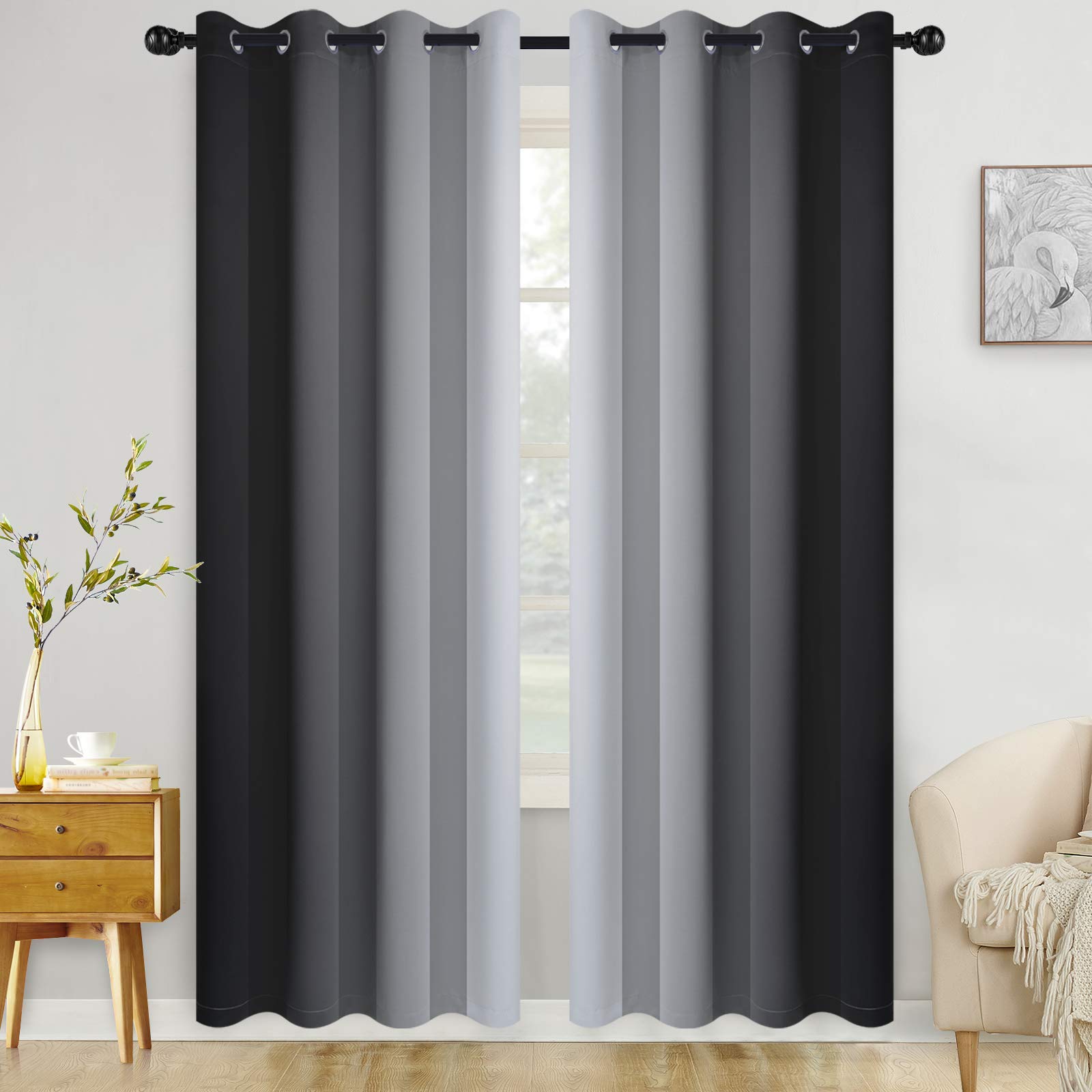 COSVIYA Curtains & Drapes Ombre Black Curtains 90 inch Length 2 Panels, Grommet Room Darkening Light Blocking Insulated Thermal Gradient Window Panels for Bedroom/Living Room,52x90 inches Image
