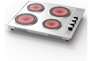 Cooksir Electric Cooktop 4 Burner - 24 Inch Stainless Steel Electric Stove Top 220V, 5200W Bulit- in Electric Cooktop with 4 Ceramic Hot Plate, Overheat Protection, Knob Control, 220-240V (No Plug)
