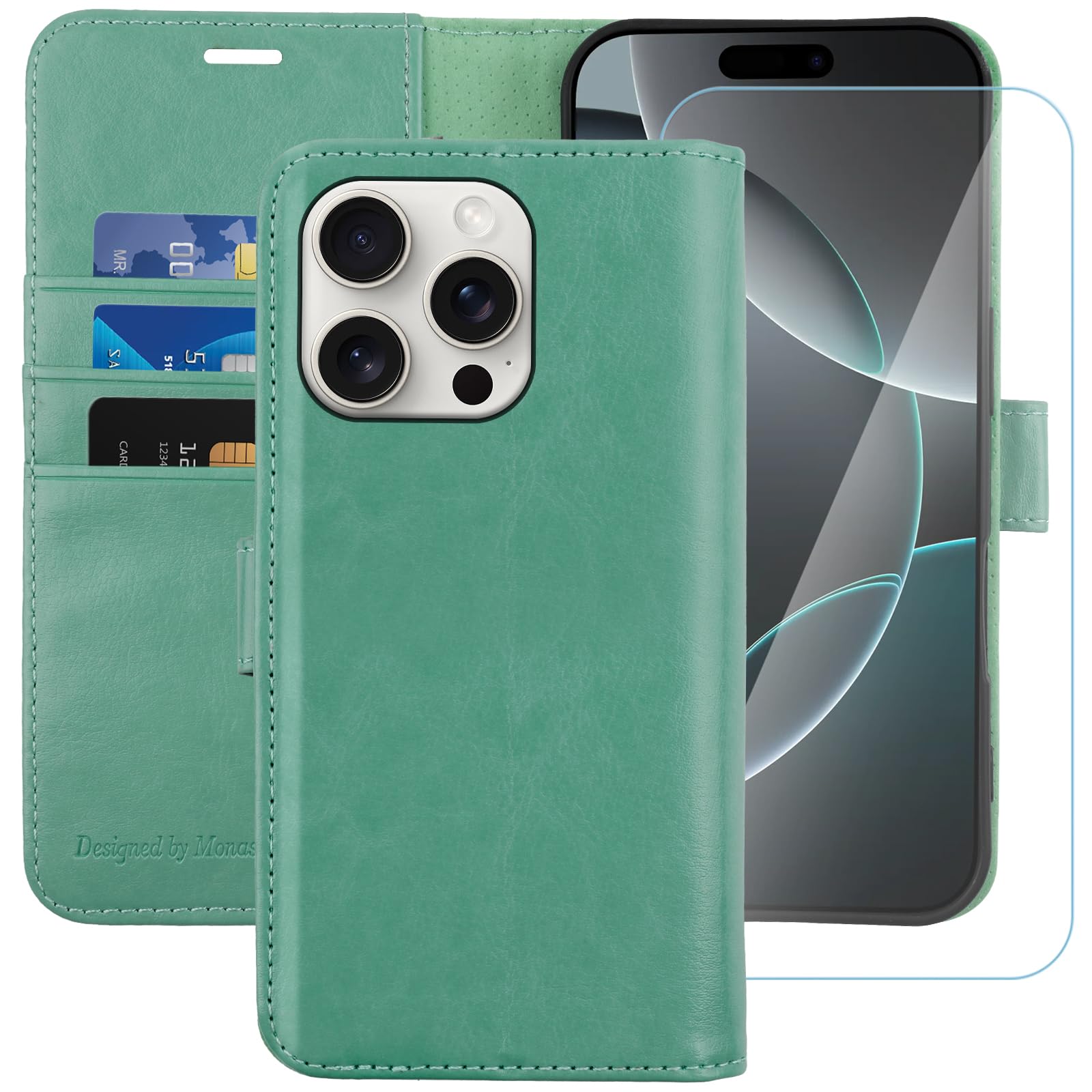 MONASAY for iPhone 16 Pro Max 5G Wallet Case,[Glass Screen Protector Included] [RFID Blocking] Flip Folio Leather Cell Phone Cover with Credit Card Holder, 6.9-inch, Mint