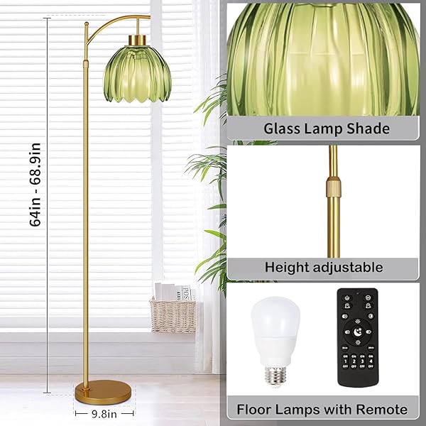 QIYIZM GREEN FLOOR LAMP FOR LIVING ROOM,BEDROOM,GOLD DIMMABLE STANDING LAMP WITH REMOTE,MID CENTURY MODERN BRASS TALL LAMP BOHO FLOOR LAMPS ARC STAINED GLASS FLOWER LIGHT BOHEMIAN