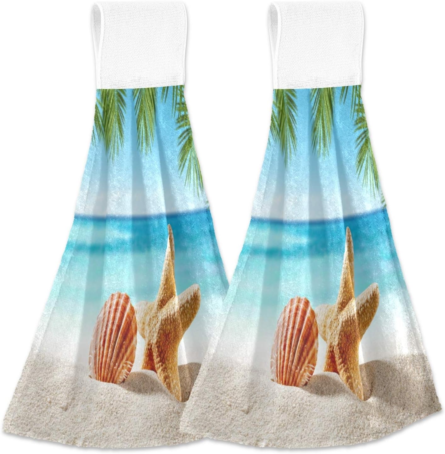 Alaza Shell on Beach and Summer Time Kitchen Towels with Hanging Loop Absorbent & Fast Drying Dishtowels Set of 2