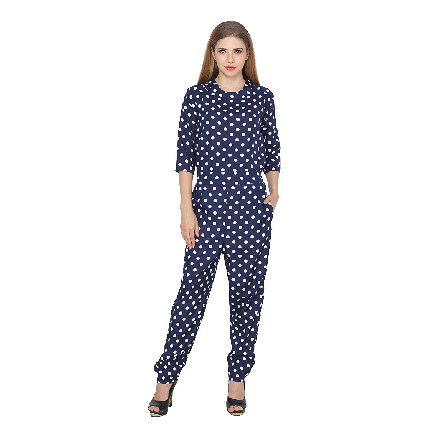 my swag women's brought polka dot print 3/4 sleeve jumpsuit