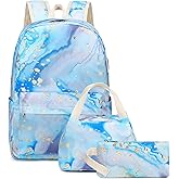 FADOVYE Teen Girls School Backpack Kids Bookbag Set with Lunch Box Pencil Case, Travel Laptop Backpack Casual Daypacks (Blue-marble)