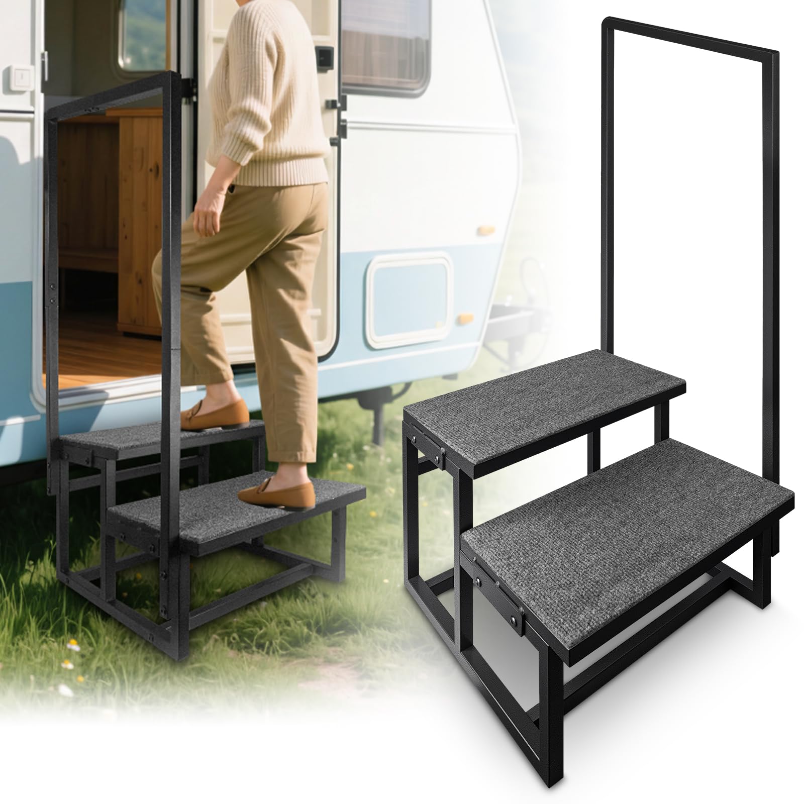 Photo 1 of 2-Step RV Steps with Handrail, Assist Handle with Anti-Slip Mat & Base Support, Portable Stairs for Elderly, Hot Tub, Camper, Mobility Aid Step Stool