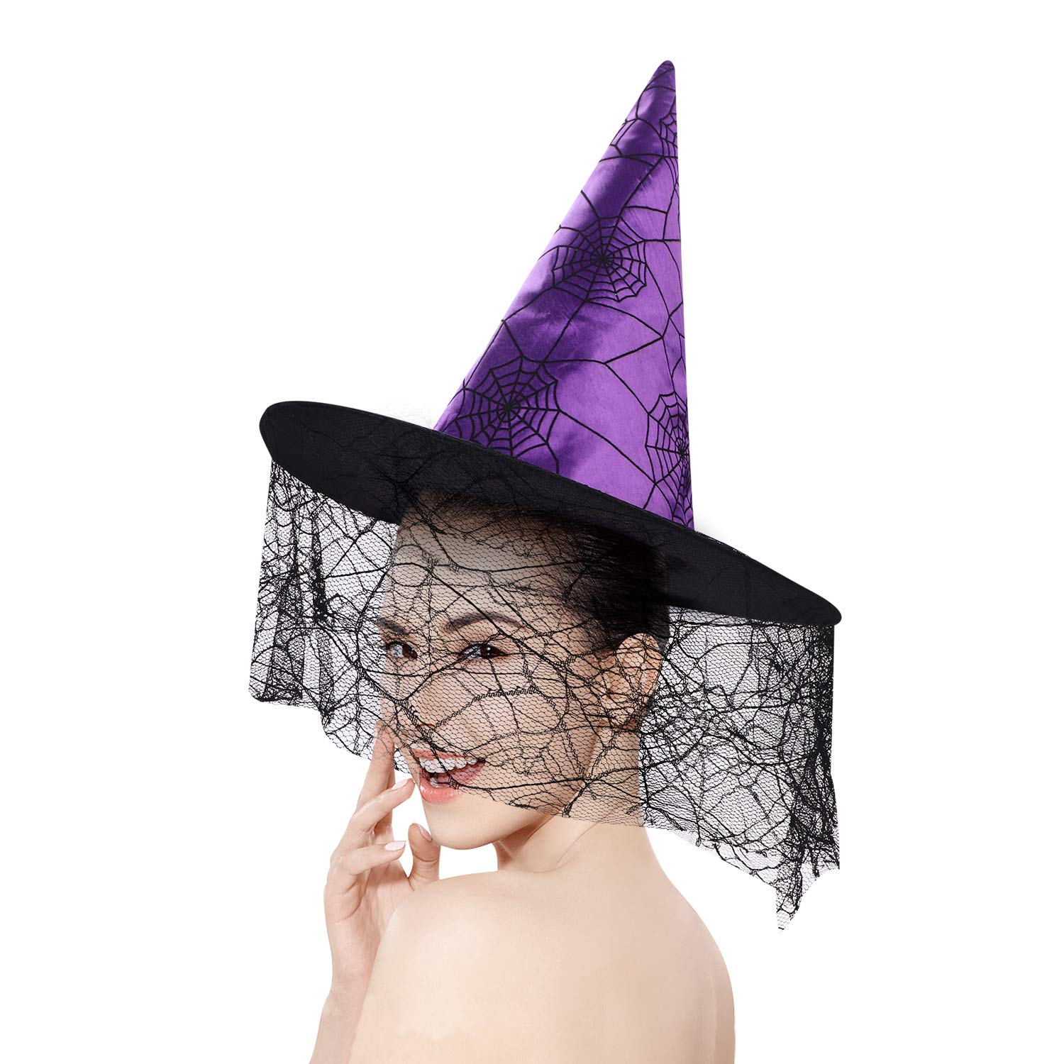 Halloween Witch Hat Gauze Witch Cap Wide-Brimmed Wizard Cap Halloween Pointed Hat Sorcerer Costume Hat Wizard Hat Halloween Party Cosplay Accessory Decor for Kids Adults