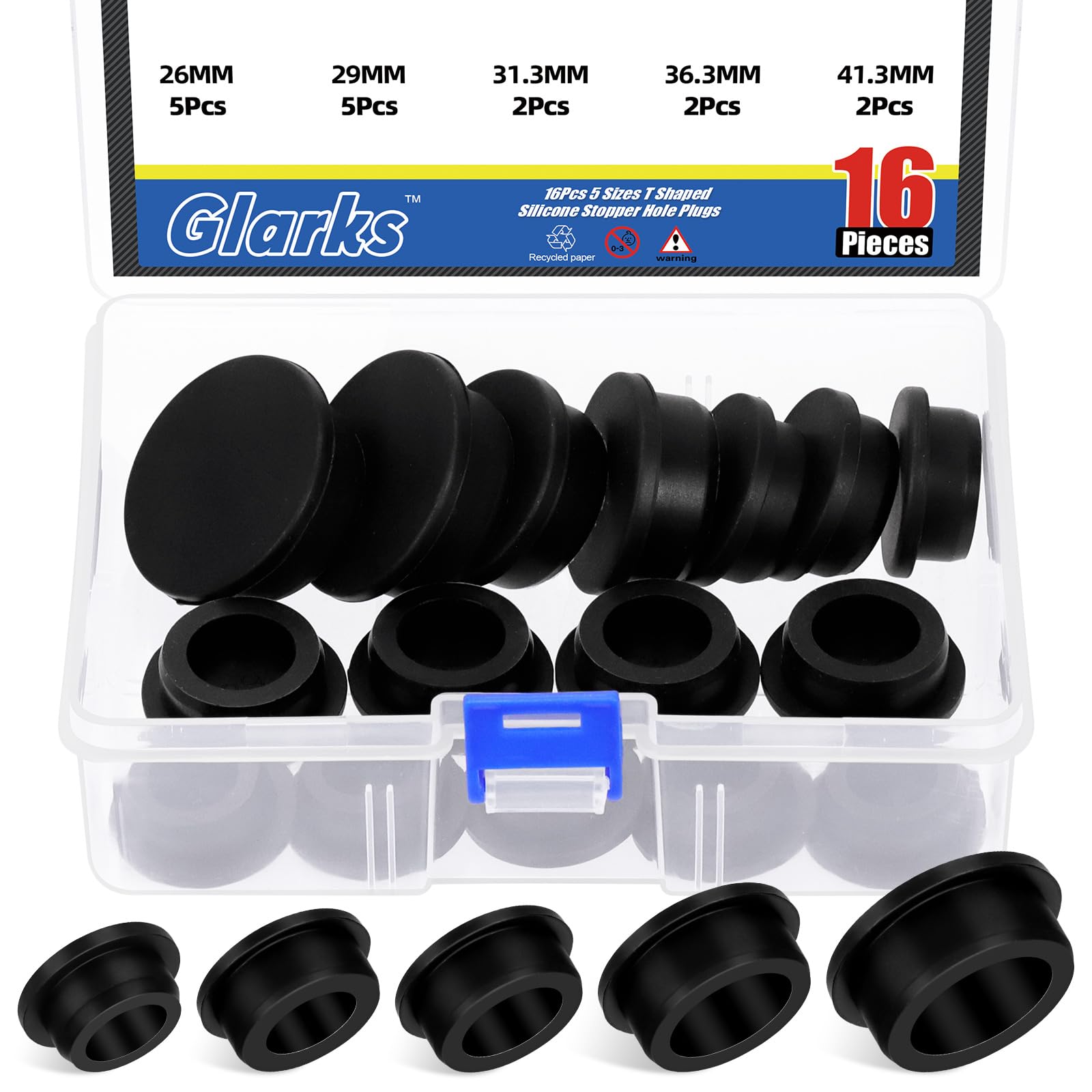 Glarks 16pcs 5 Sizes Hollow Silicone Hole Plug Set, Black High Temp Silicone Plug, T Shaped Stopper Hole Plug, Round Hole Flexible Stopper for Wire Cable, Hole Plugs, Automotive, Water Pipe