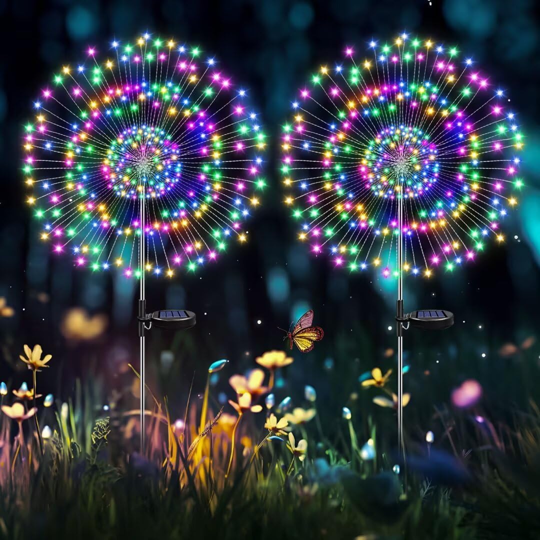HELESIN Solar Garden Lights Outdoor Waterproof, 2 Packs Solar Firework Lights with 2 Working Modes, LED Starburst Lights for Garden, Pathway, Patio, Lawn, Backyard (Multi-Colored)