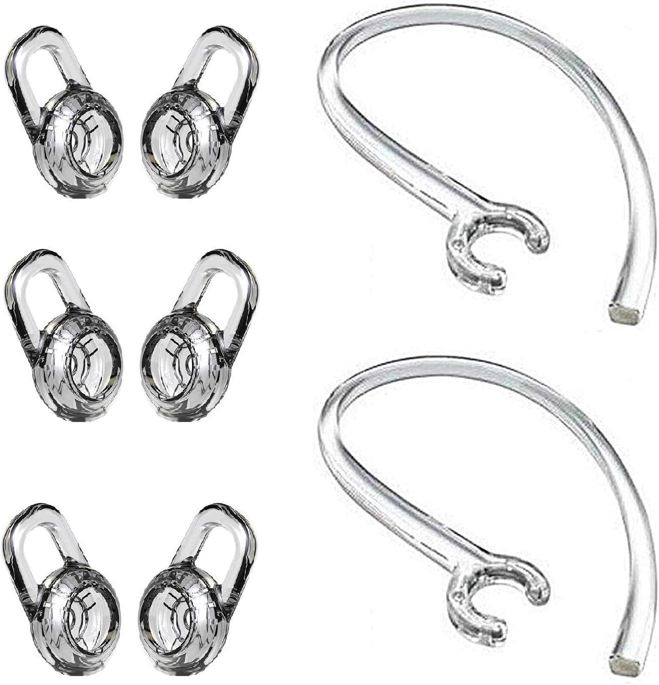 Repalcement Small Size Ear Tips & Ear Loop Clip Set Compatible with Plantronic M180 M155 M165 M55 M70 M90 Explorer 500 Headset, Gel Earbuds Eartips 6PCS & Earhooks Earloop 2PCS [Clear] (PS)