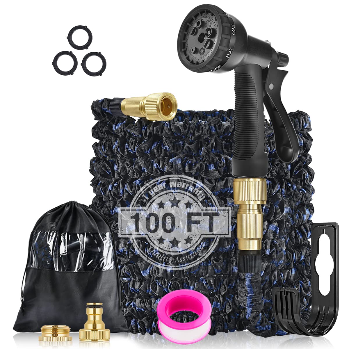 Expanding Garden Hose Pipe 100FT/30M, Expandable Garden Hose Pipes with Attachments/Tap Connectors Fittings/Spray Gun/Holder/Bag, Retractable HosePipes for Gardening,Watering Washing(Blue/Black)