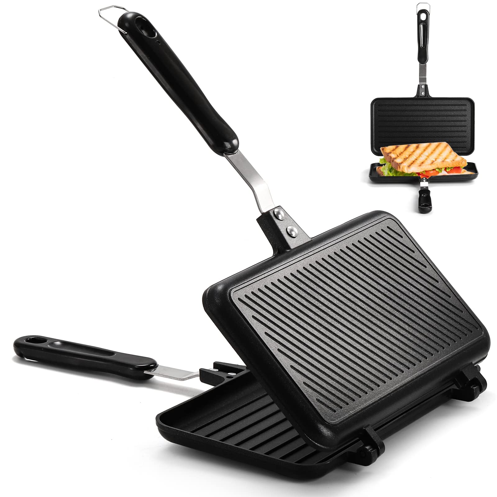 SOUJOY Sandwich Maker, Non-stick Grill Panini Maker Pan with Handle, Stovetop Toasted Aluminum Flip Pan Indoor Outdoor Camping Home Kitchen Breakfast