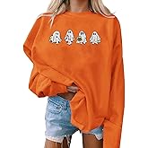 Fiscrat Halloween Spooky Season Oversized Sweatshirt Women Cute Ghost Sweatshirts Fall Embroidered Sweater Pullover Top