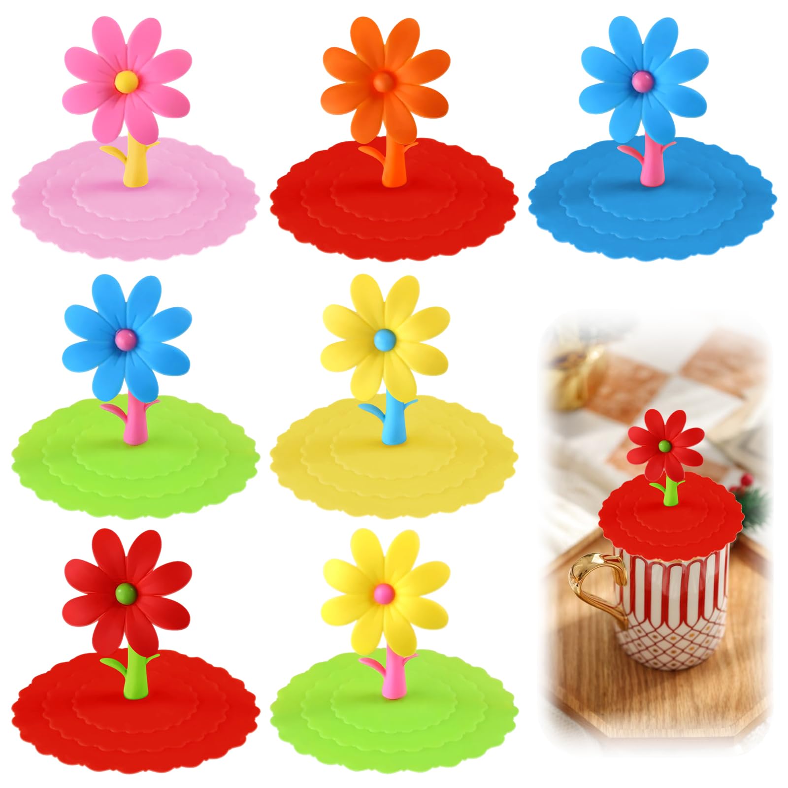 7PCS Silicone Cup Lid Covers for Drinks - Reusable Anti-Spike Glass Covers for Tea, Beer, Wine and Coffee