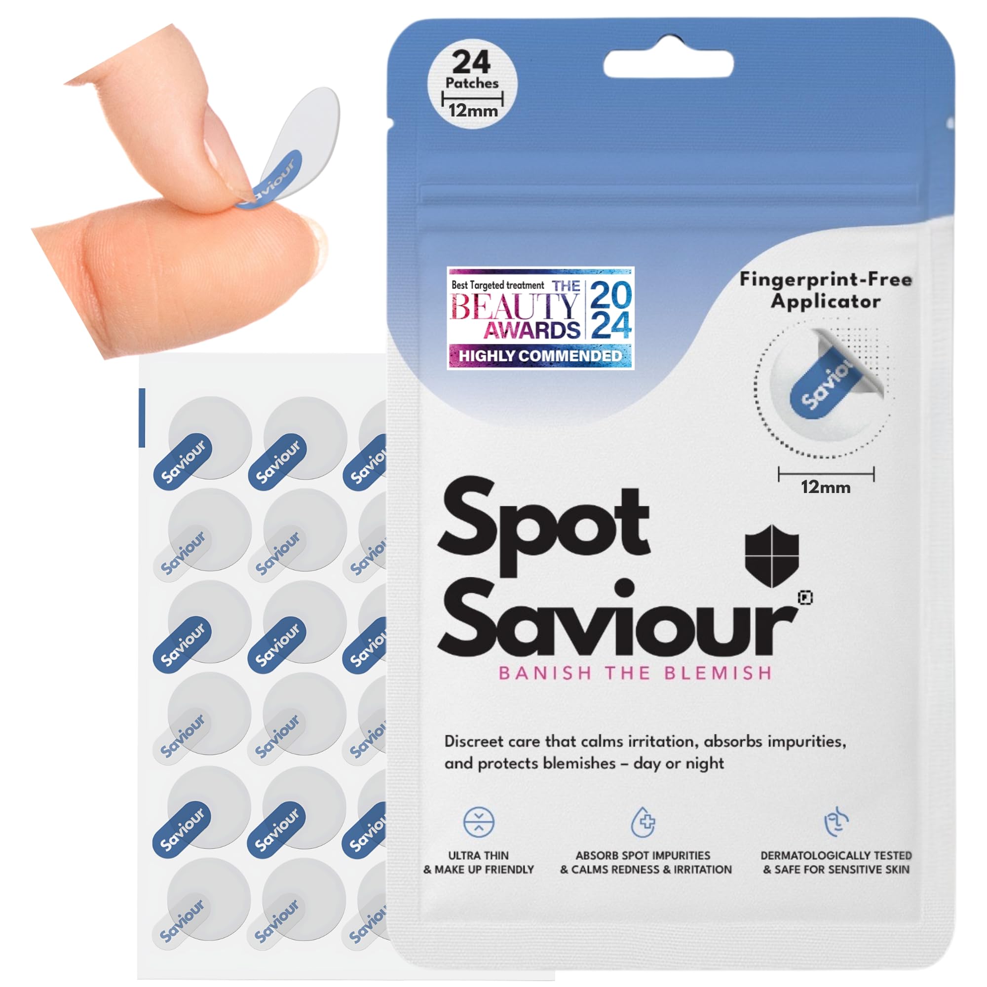 Spot Saviour Pimple Patches 24 Pack (12mm) – Thin Hydrocolloid Spot Patches & Pimple Dots – Korean Cica Acne Patches, Fingerprint-Free Application, Dermatologically Tested in the UK