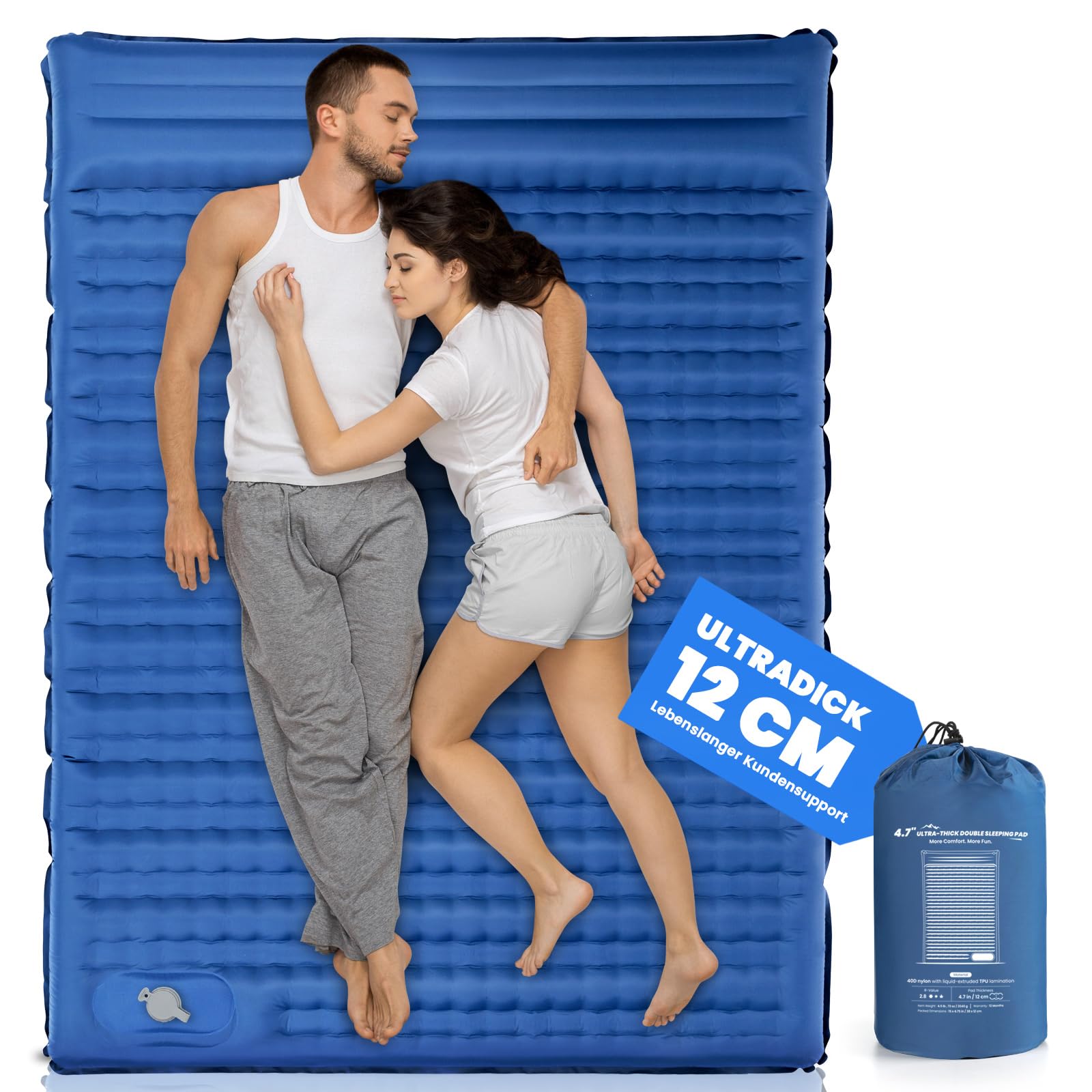 HIKENTURE Self-Inflating Sleeping Mat, 12 cm Double Sleeping Mat, Ultralight, Camping Sleeping Mat for 2 People, Inflatable Sleeping Mat, Air Mattress, Camping Bed with Foot Pump for Tent, Hiking,