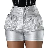 KANSOON Leather Shorts for Women Sexy High Waisted Faux Leather Cargo Shorts Metallic Festival Rave Club with Pockets