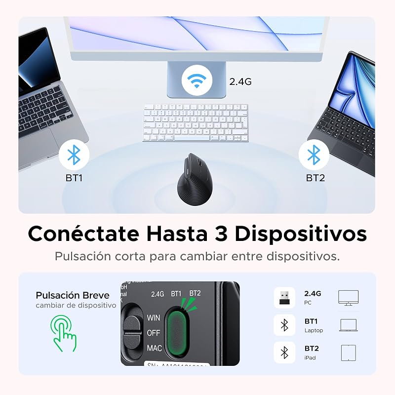 Ratón Ergonómico Inalámbrico 2,4G Ratón Bluetooth Vertical 4000 dpi — foto 5 de 8