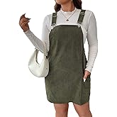 WDIRARA Women's Plus Size Corduroy Sleeveless Short Pinafore Overall Dress with Pocket