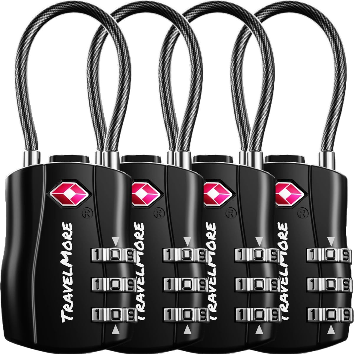 4-Pack TSA Approved Travel Combination Cable Luggage Locks for Suitcases & Backpacks | TSA Locks | Luggage Locks | Black