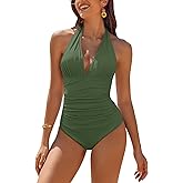 AI'MAGE Women's One Piece Swimsuit Tummy Control Halter Ruched Bathing Suits Army Green