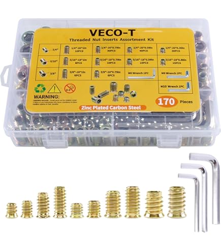 170PCS Zinc Plated Threaded Inserts for Wood Kit, 10 Sizes Steel