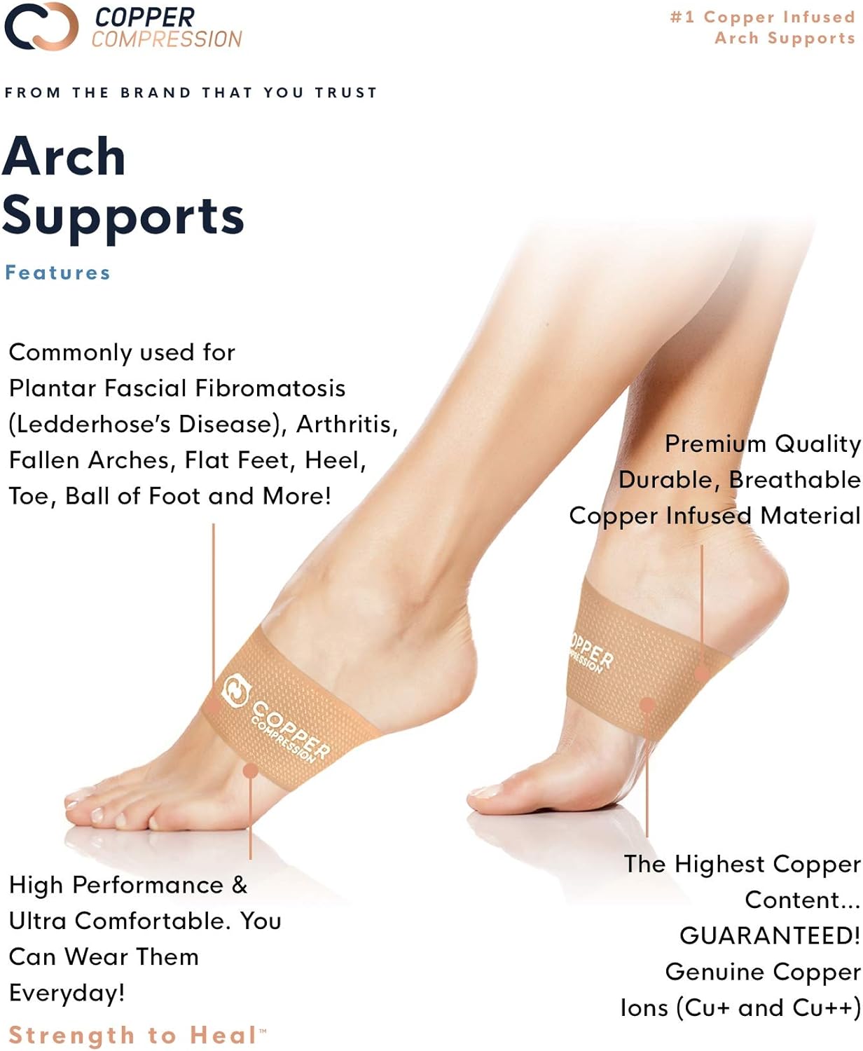 Copper Compression Copper Arch Supports - 2 Plantar Fasciitis Brace Sleeves. Guaranteed Highest Copper Content Support Sleeve. Braces for Foot Care, Heel Spurs, Feet Pain, Flat Arches (Nude Color): Health & Personal Care