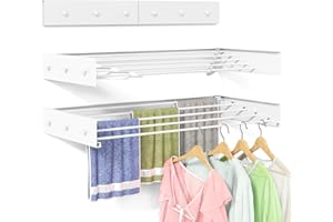 BAKON Wall Mounted Drying Rack for Laundry 31.5'', Folding Clothes Drying Rack Wall Mount with 5 Rods and 6 Hooks, Space Saving Collapsible Towel Rack for Indoor Outdoor Bathroom Balcony (White, 31.5'')