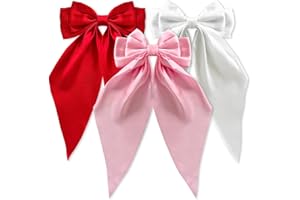 Loqpol 3 PCS Silky Satin Hair Bows, Oversized Long Tail Bows with Barrette Clips, Coquette Hair Accessories for Women and Girls (Red - Light Pink - White)