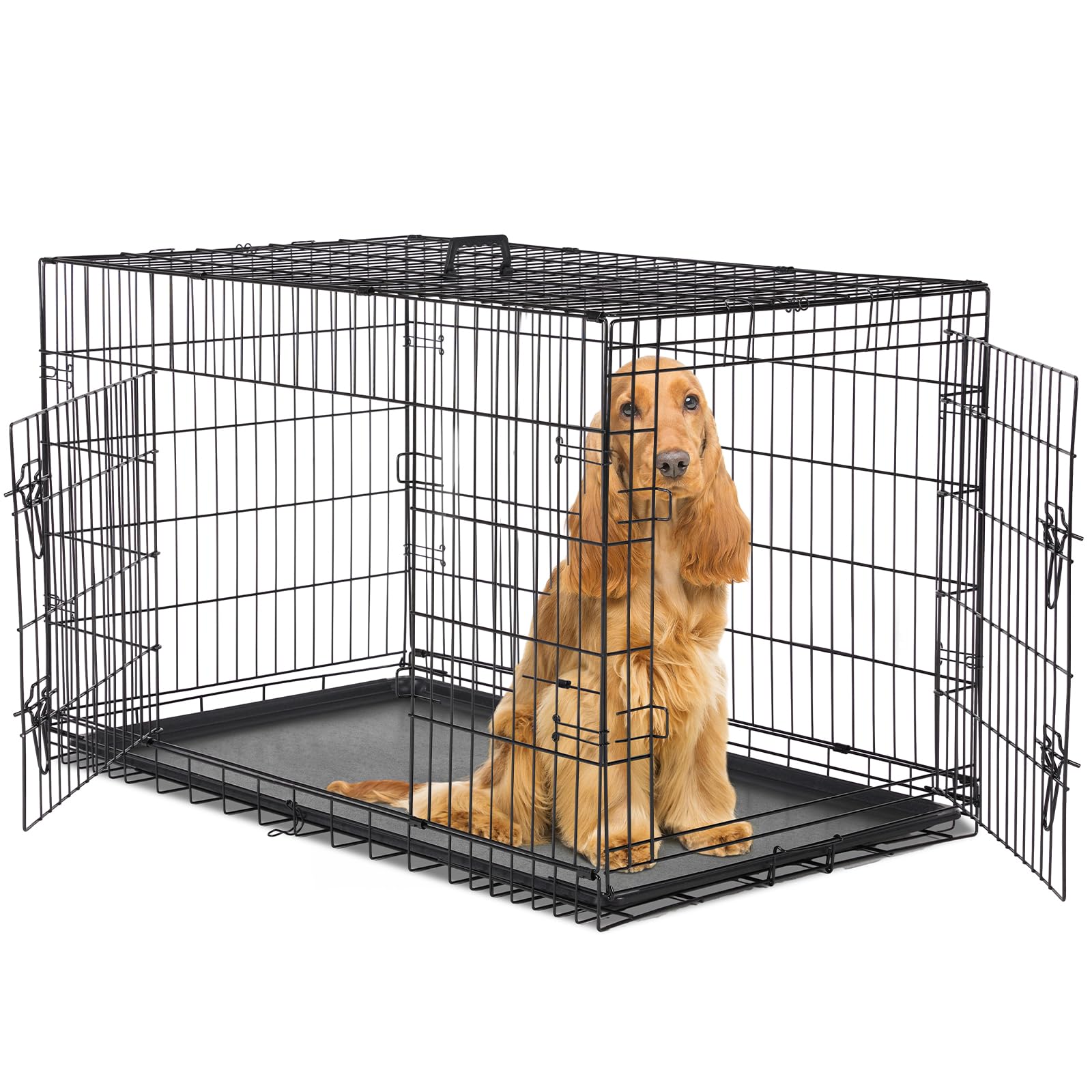 Sweetcrispy 48 Inch Dog Crate, Medium Large Crates Double Door Folding Metal Wire Dog Cage with Plastic Leak-Proof Pan Tray, Pet Kennel for Indoor, Outdoor, Travel Image