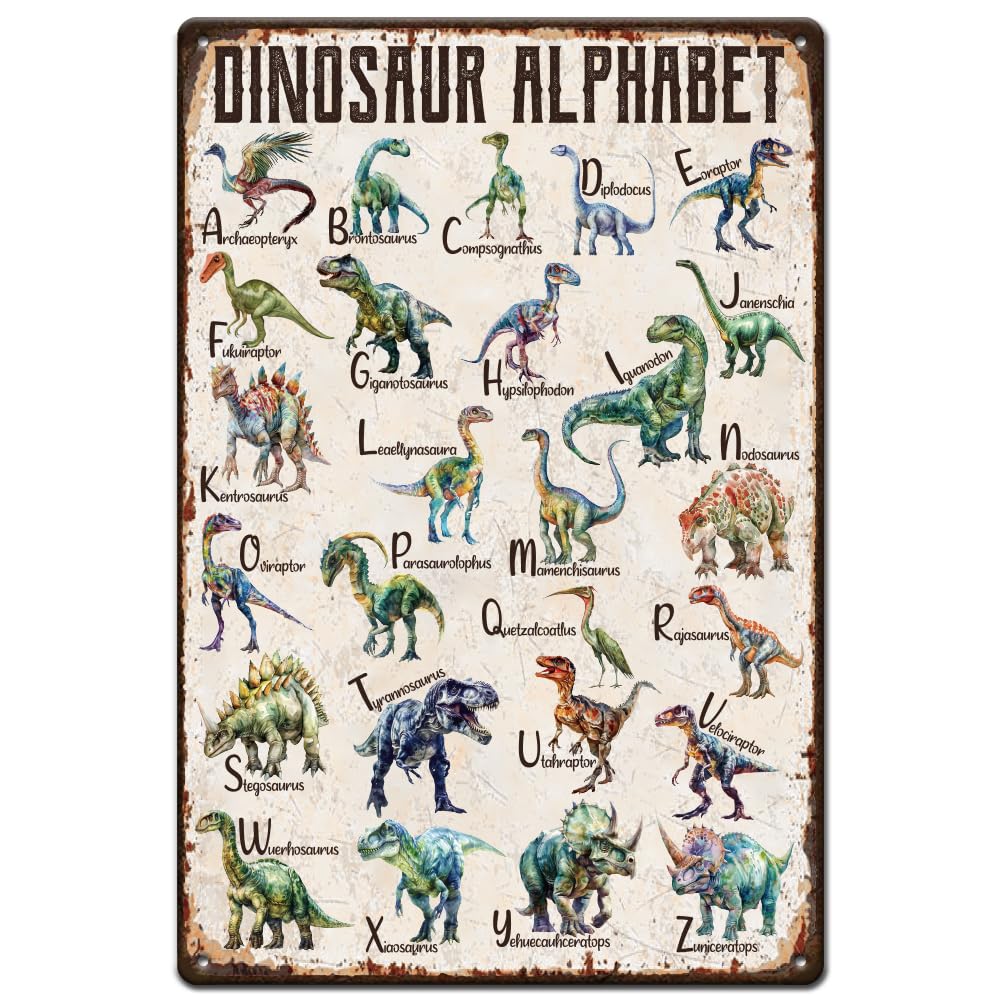 SUPERDANT Dinosaur Metal Signs Dinosaur Alphabet Tin Signs Dinosaurs Vintage Decor Wall Plaques Man Cave Sign for Home Livingroom Boy's Bedroom Retro Decor Housewarming Gift