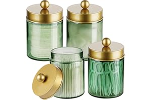 Amolliar Sage Green Apothecary Glass Jar With Metal Lid & Stickers, Bathroom Qtip Holder Storage Canister, Farmhouse Decor for Cotton Balls, Cotton Swabs, Round Pads, Bath Salt, Floss,Gold 4 Pack