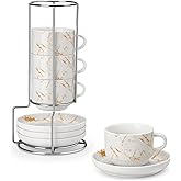 MALACASA 8 OZ Porcelain Espresso Cups with Saucers and Metal Stand Set of 4, Stackable Cappuccino Cups, Marble White Expresso Shots Cup Set for Coffee Drinks, Latte, Tea