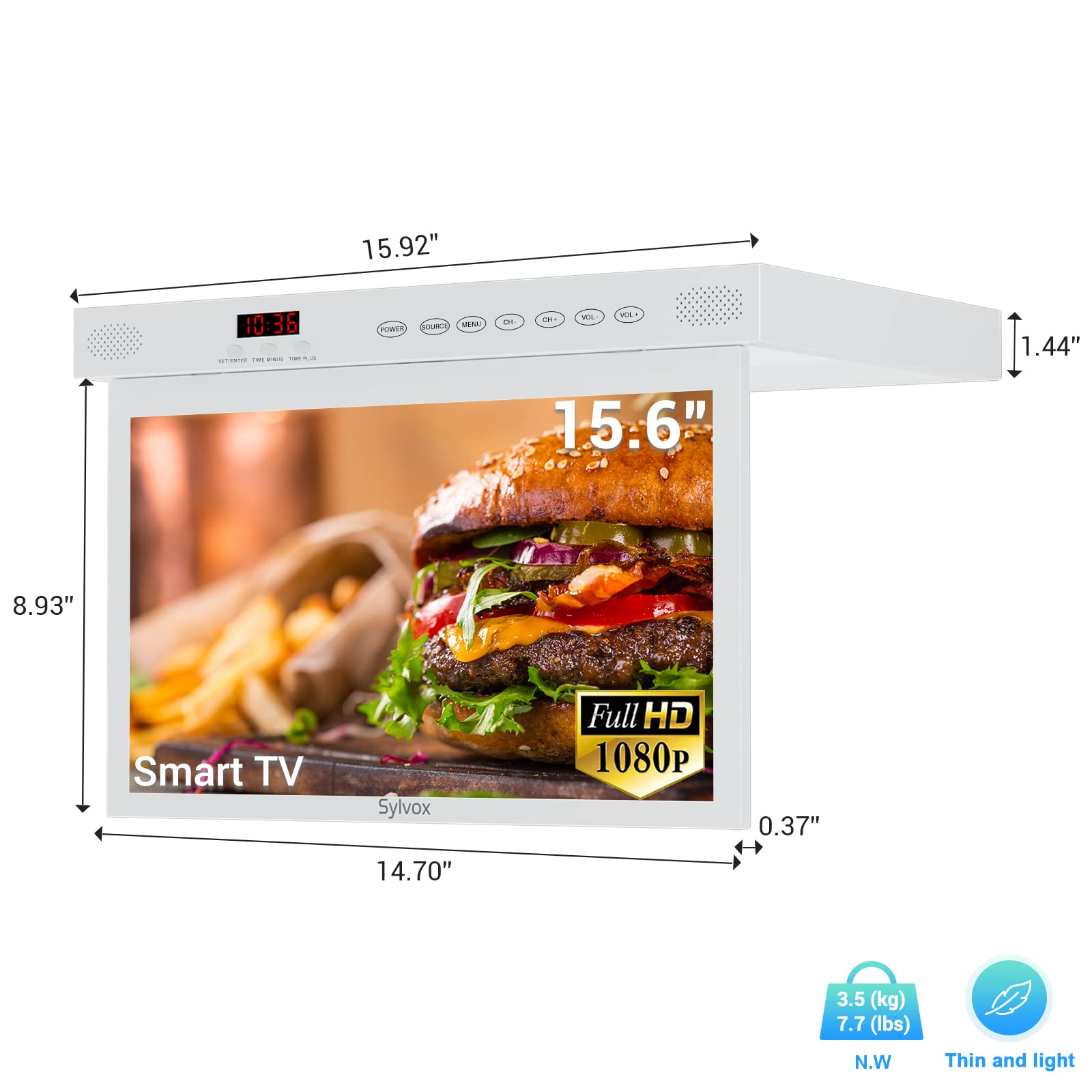 SYLVOX Kitchen TV,15.6 inch Under Cabinet TV, Televison for Kitchen, Smart TV Built-in APP Store, Support WiFi Bluetooth, 1080P Small TV for RV Camper, Bedroom, Boat