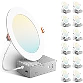 Amico 12 Pack 6 Inch 5CCT Ultra-Thin LED Recessed Ceiling Light with J-Box, 2700K/3000K/3500K/4000K/5000K Selectable, 12W=110W, Dimmable Canless Downlight, 1050LM High Brightness