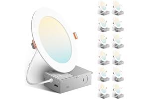 Amico 12 Pack 6 Inch 5CCT Ultra-Thin LED Recessed Ceiling Light with J-Box, 2700K/3000K/3500K/4000K/5000K Selectable, 12W=110W, Dimmable Canless Downlight, 1050LM High Brightness